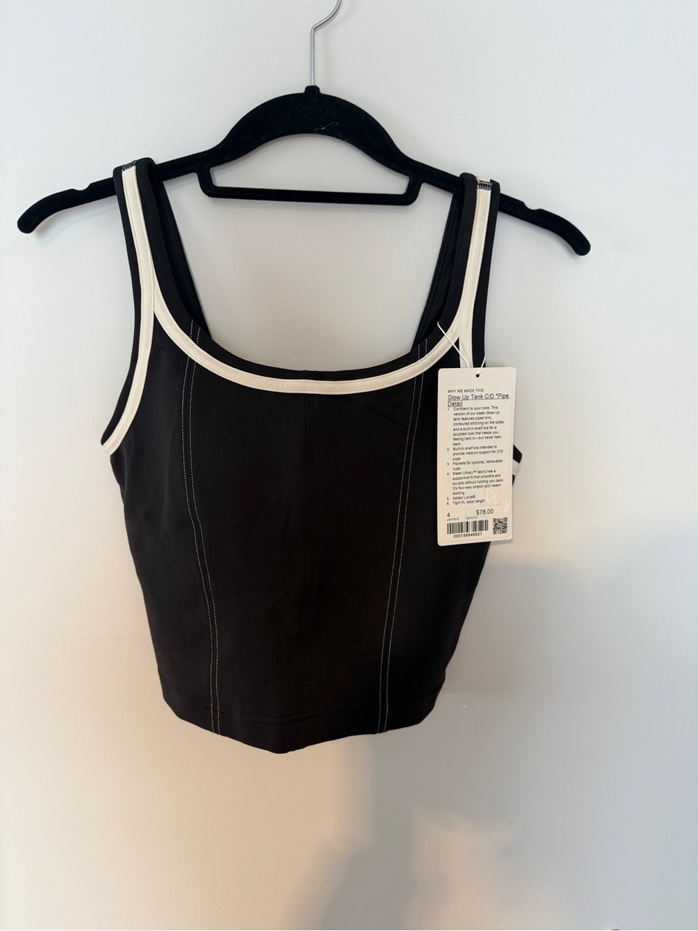 Lululemon Glow Up Tank C/D Pipe Detail Black Light Ivory Size 4 NWT